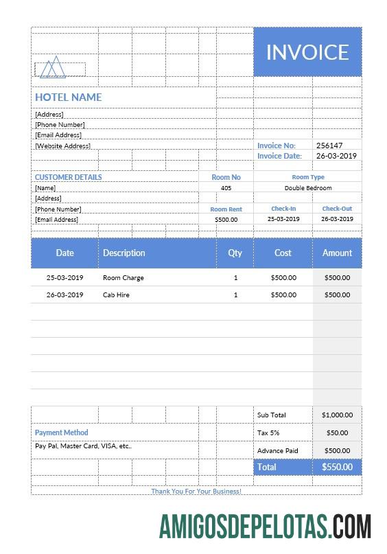 imprimível Modelo de fatura de estadia em hotel